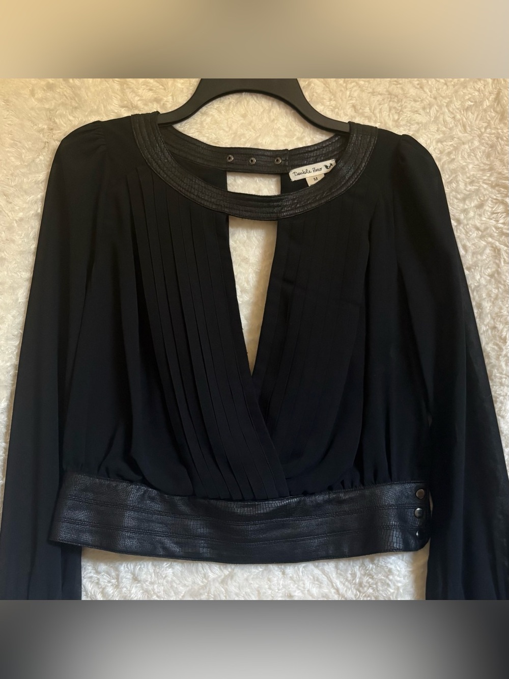 NEW Black Pleated V-Neck Blouse with Faux Leather Waist and Neck Trim Size M